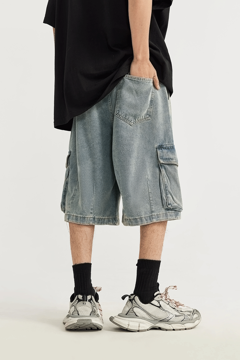 Washed Wide Leg Cargo Jeans Shorts