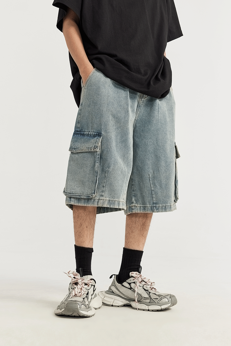 Washed Wide Leg Cargo Jeans Shorts