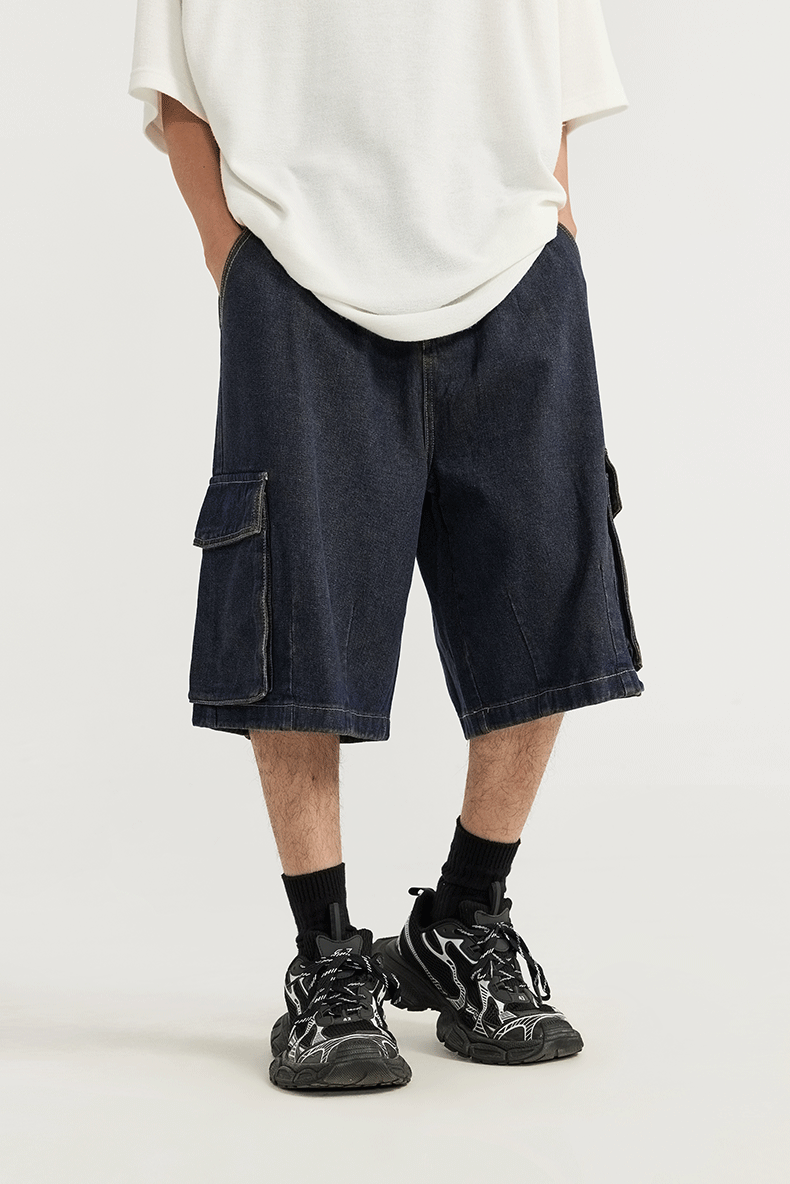 Washed Wide Leg Cargo Jeans Shorts