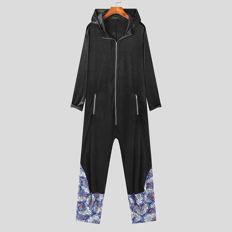 Velour Patchwork loose hooded jumpsuit