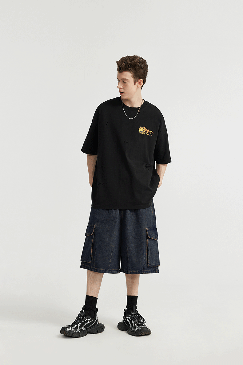 Washed Wide Leg Cargo Jeans Shorts