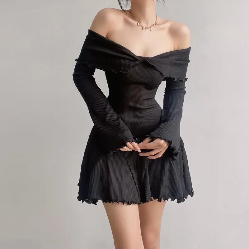 Off shoulder knitted black dress