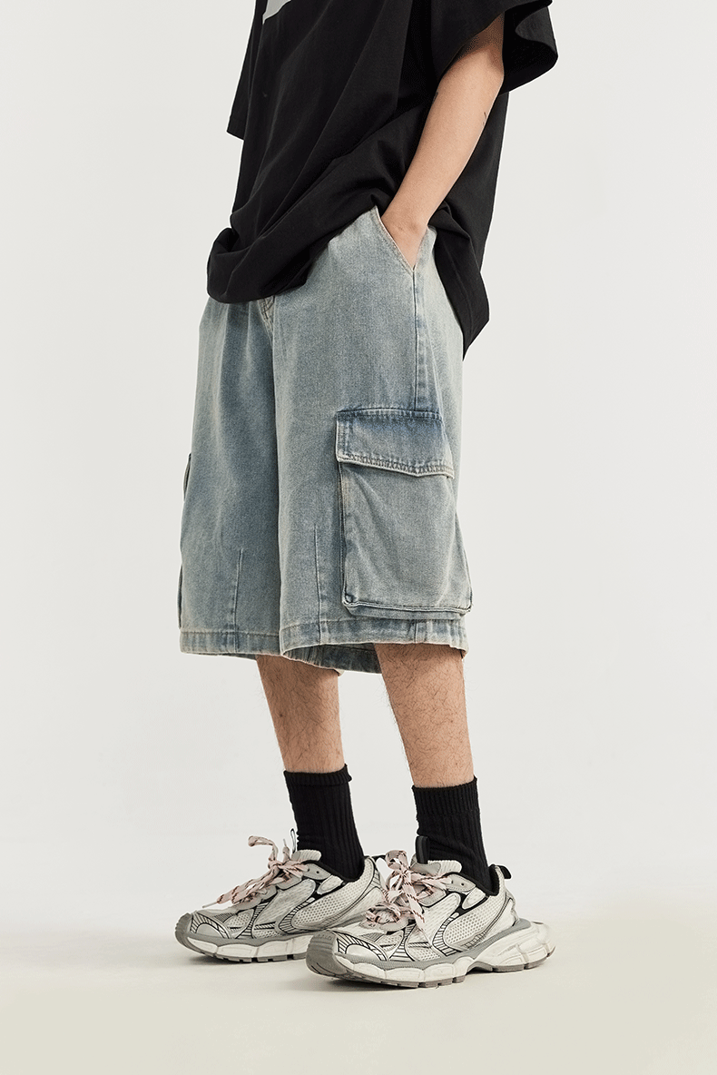 Washed Wide Leg Cargo Jeans Shorts