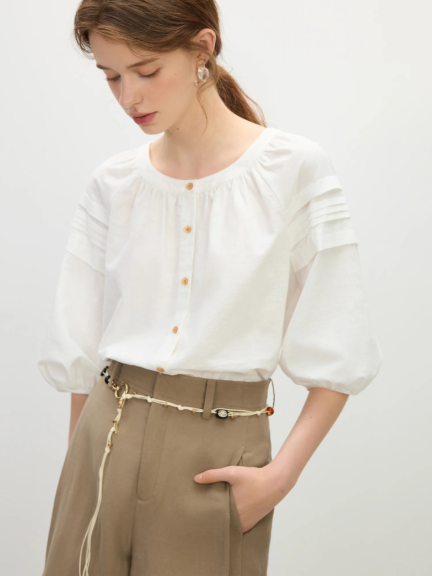 Linen-Blend Short Sleeve Blouse