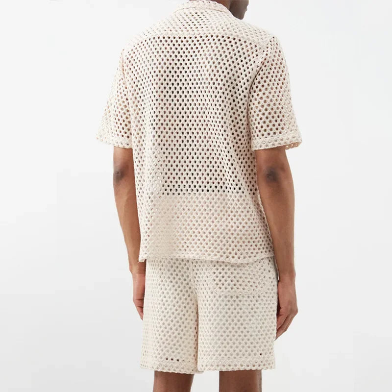 See thru knitted sleeveless beige shirt with shorts