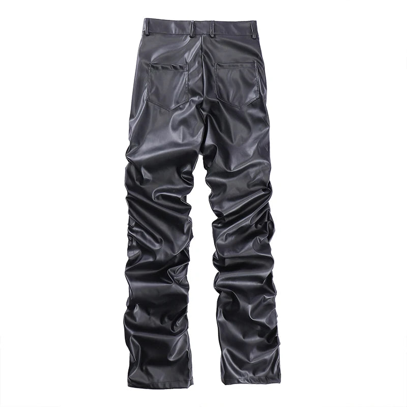 Pleated Pu Leather Loose Black Pants