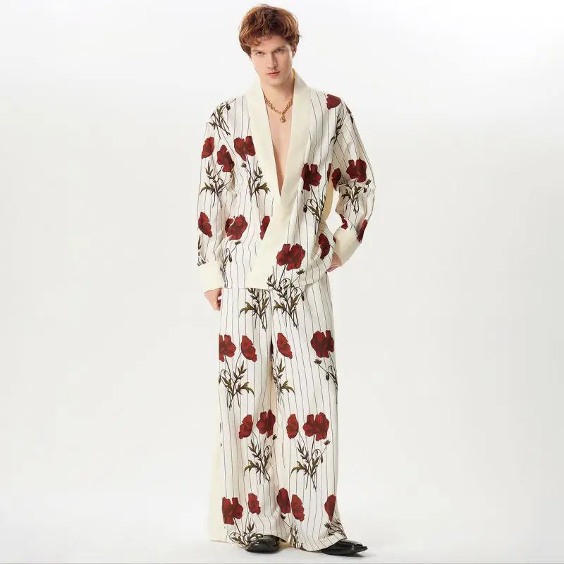 Flower Printing Loose Long Sleeve Shirt & Wide Leg Pants