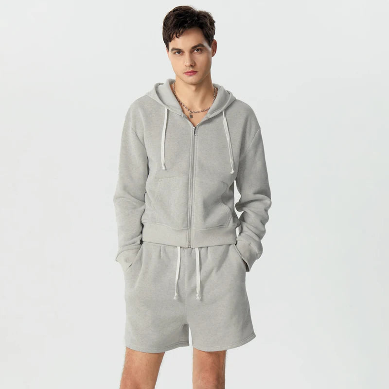 Loose Hooded Zipper Long Sleeve Sweatshirt with Shorts