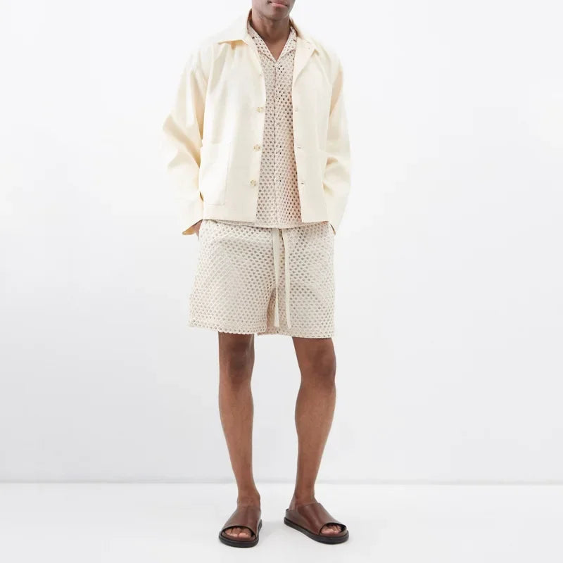 See thru knitted sleeveless beige shirt with shorts