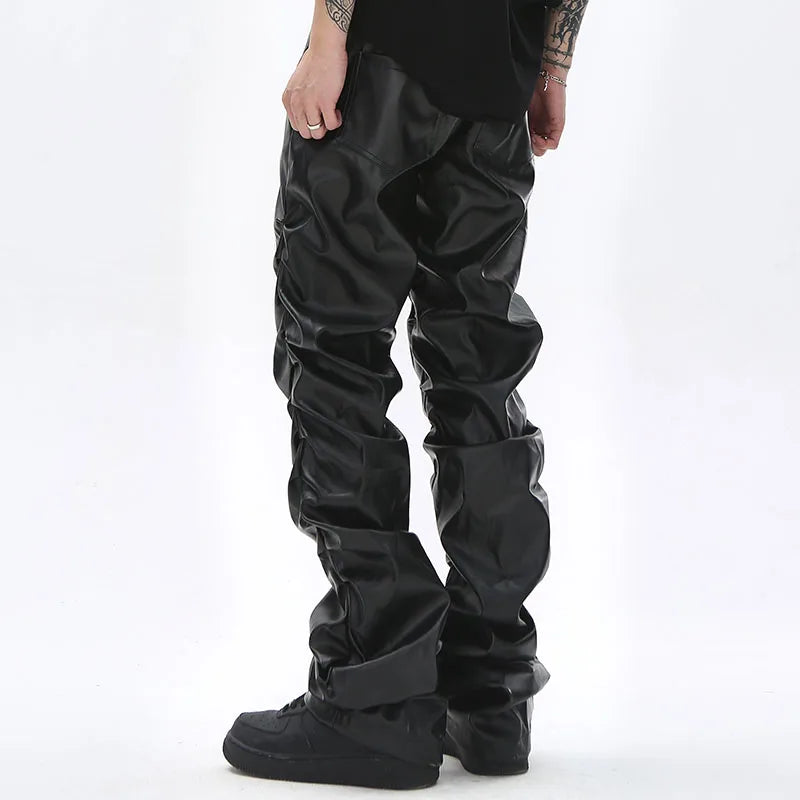 Pleated Pu Leather Loose Black Pants