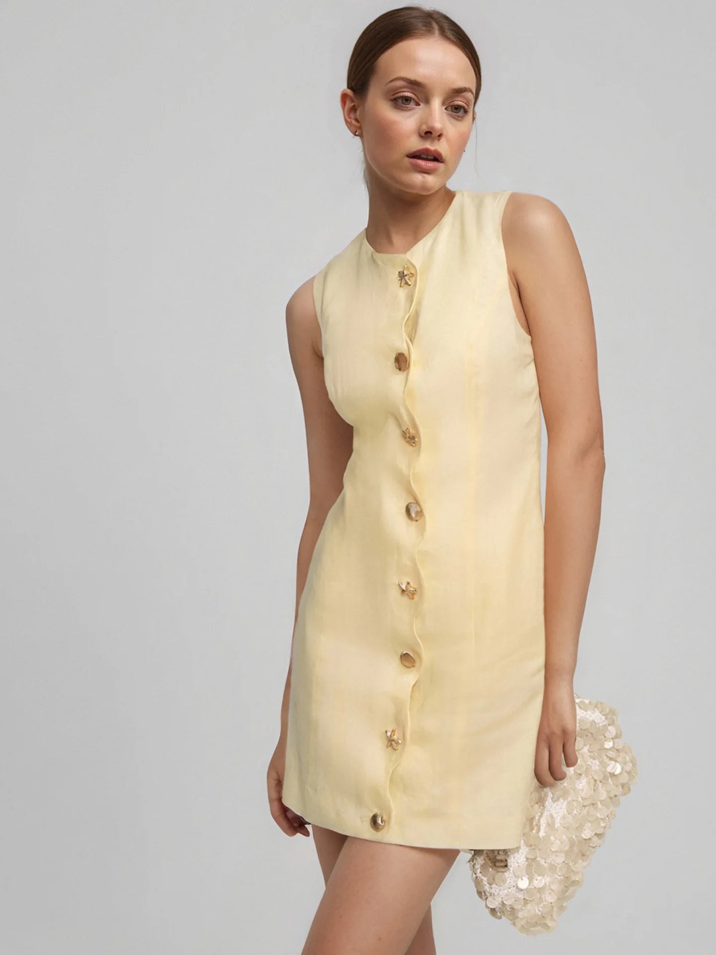 Buttoned Sleeveless Socialite Yellow Mini Dress