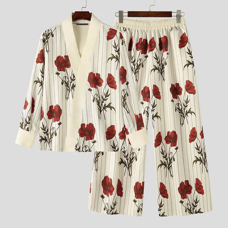 Flower Printing Loose Long Sleeve Shirt & Wide Leg Pants