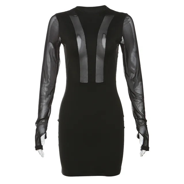 Transparent tight-fitting black mini dress made of mesh fabric