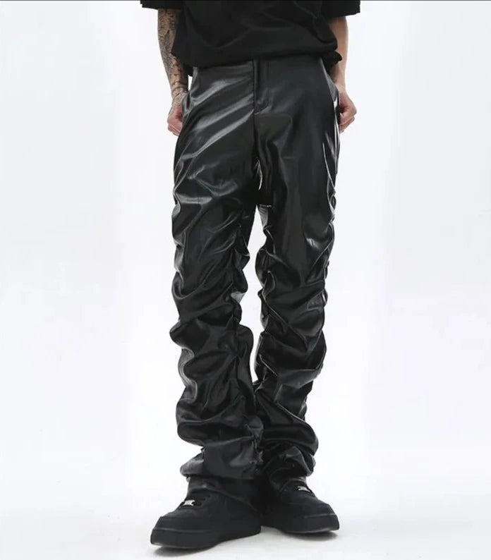 Pleated Pu Leather Loose Black Pants