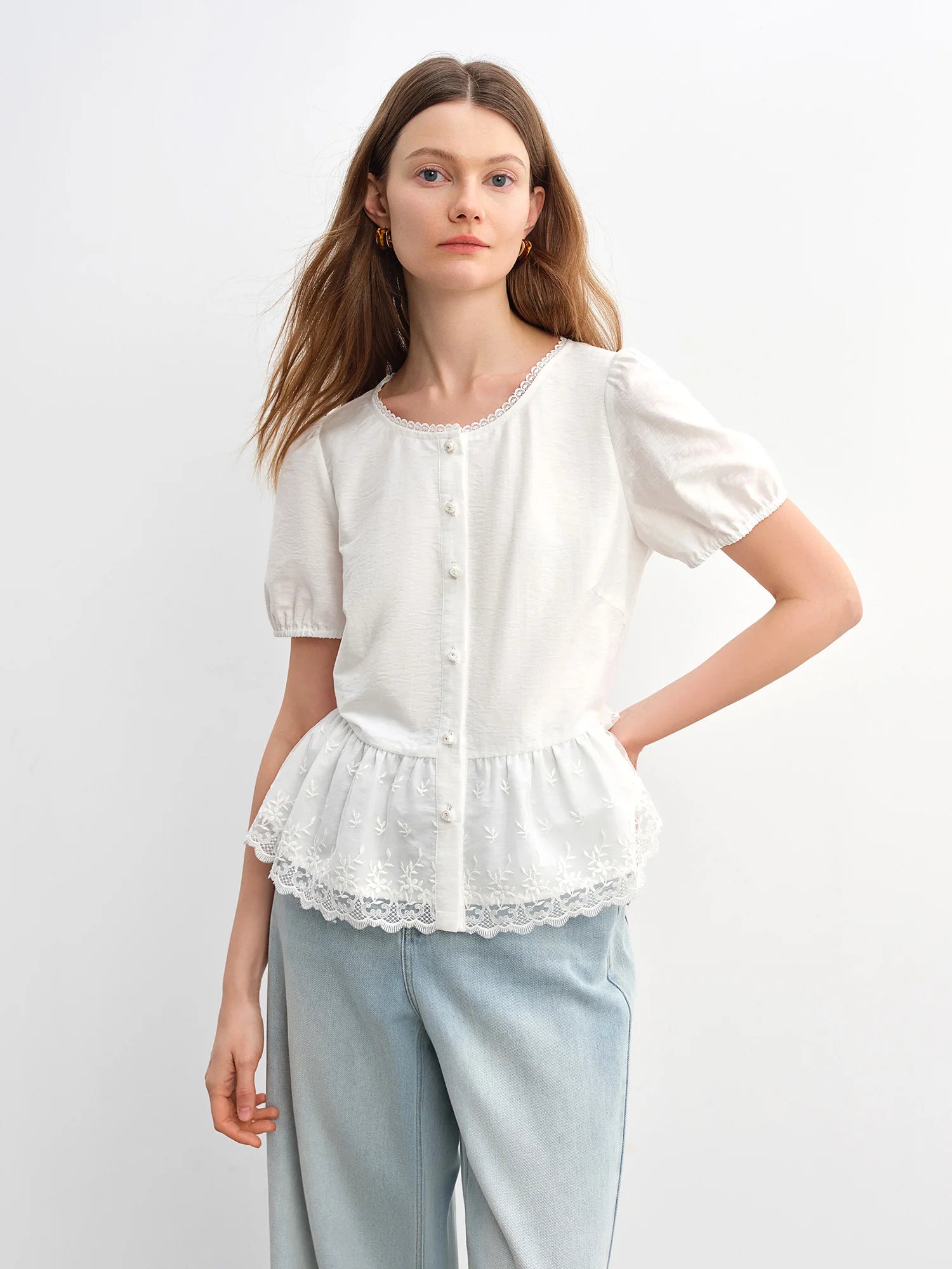 Textured Short-sleeve White Blouse