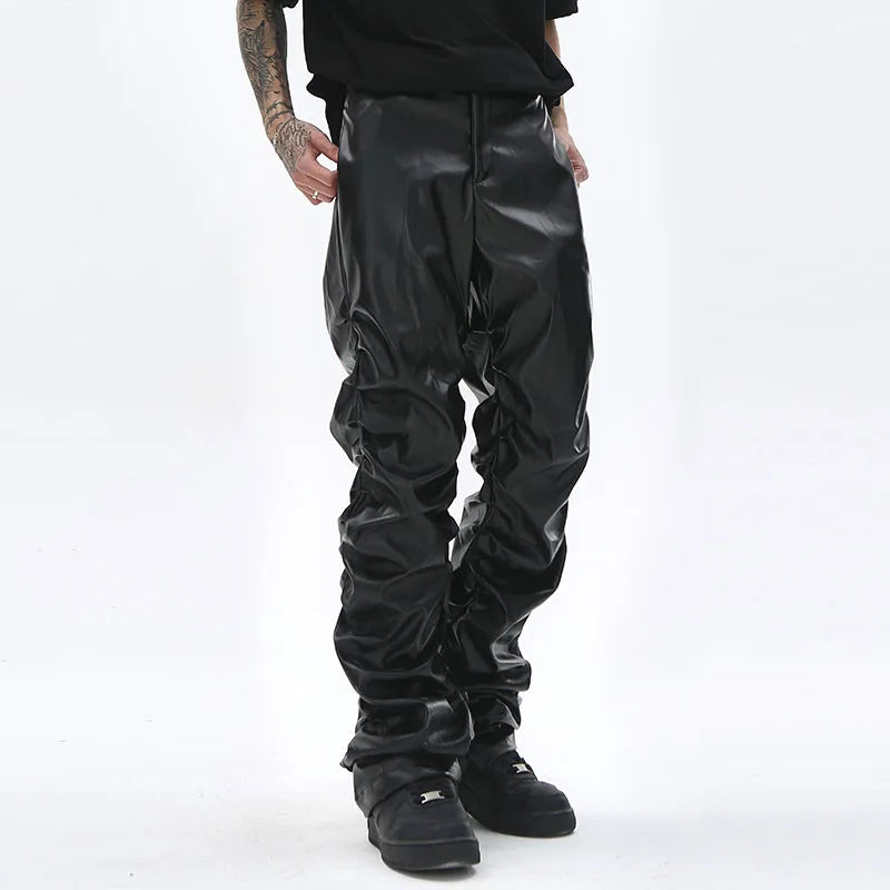 Pleated Pu Leather Loose Black Pants