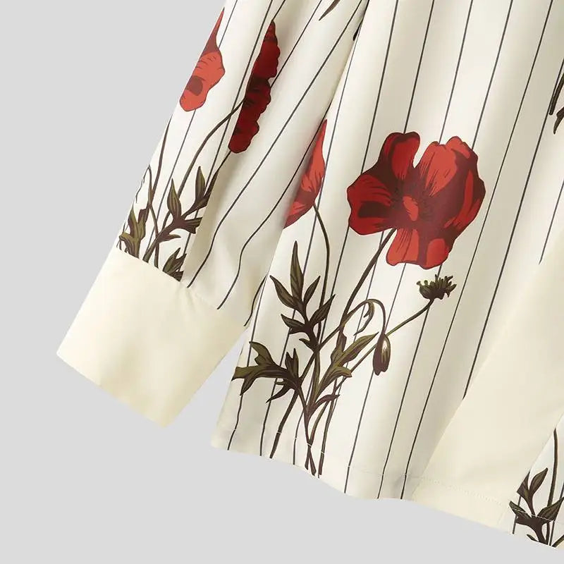 Flower Printing Loose Long Sleeve Shirt & Wide Leg Pants