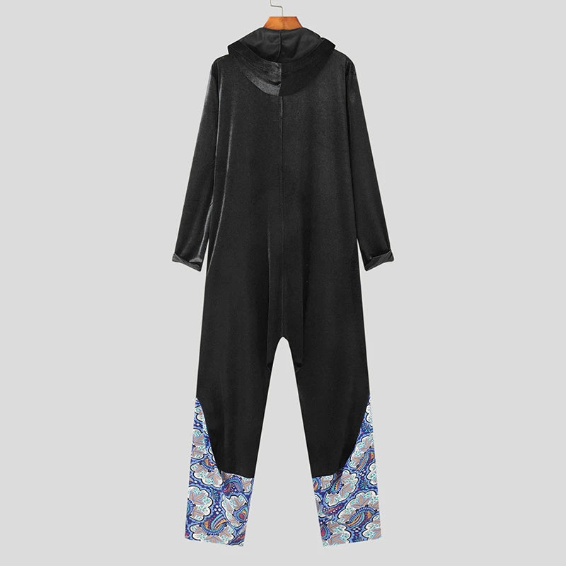 Velour Patchwork loose hooded jumpsuit