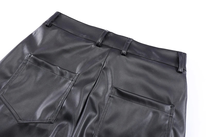 Pleated Pu Leather Loose Black Pants