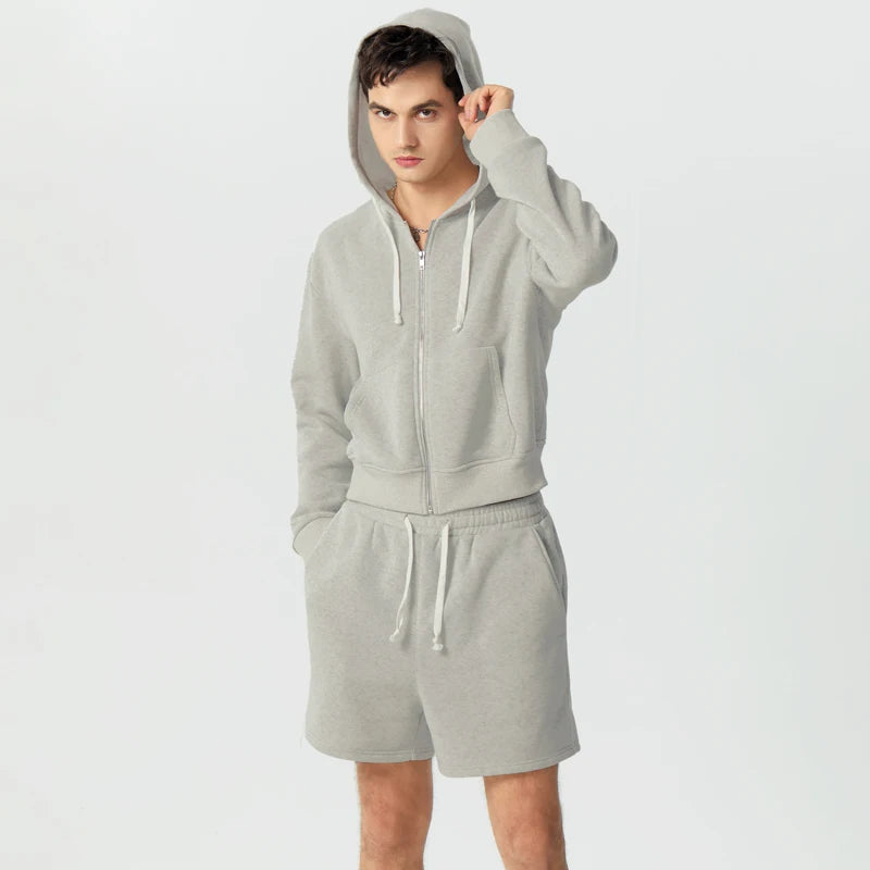 Loose Hooded Zipper Long Sleeve Sweatshirt with Shorts