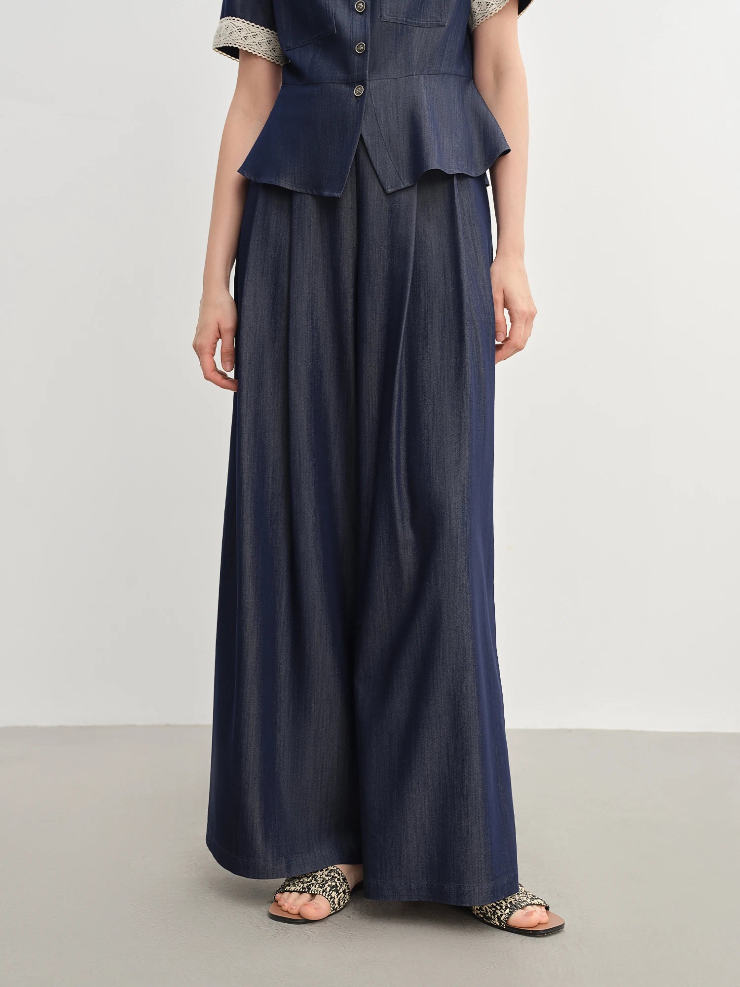 Square Neck Dark Blue Blouse and Relaxed Wide-Leg Trousers Set