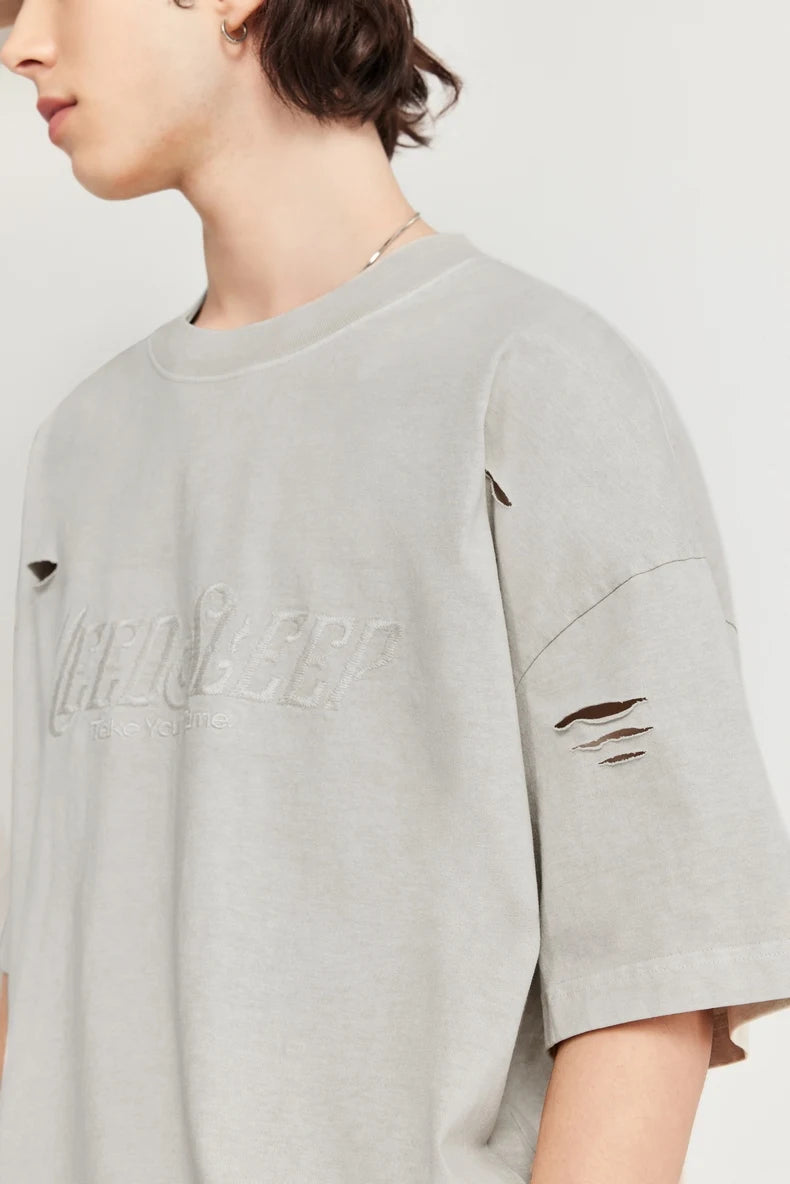 Ripped and Holes Embroidered Oversize T-shirt