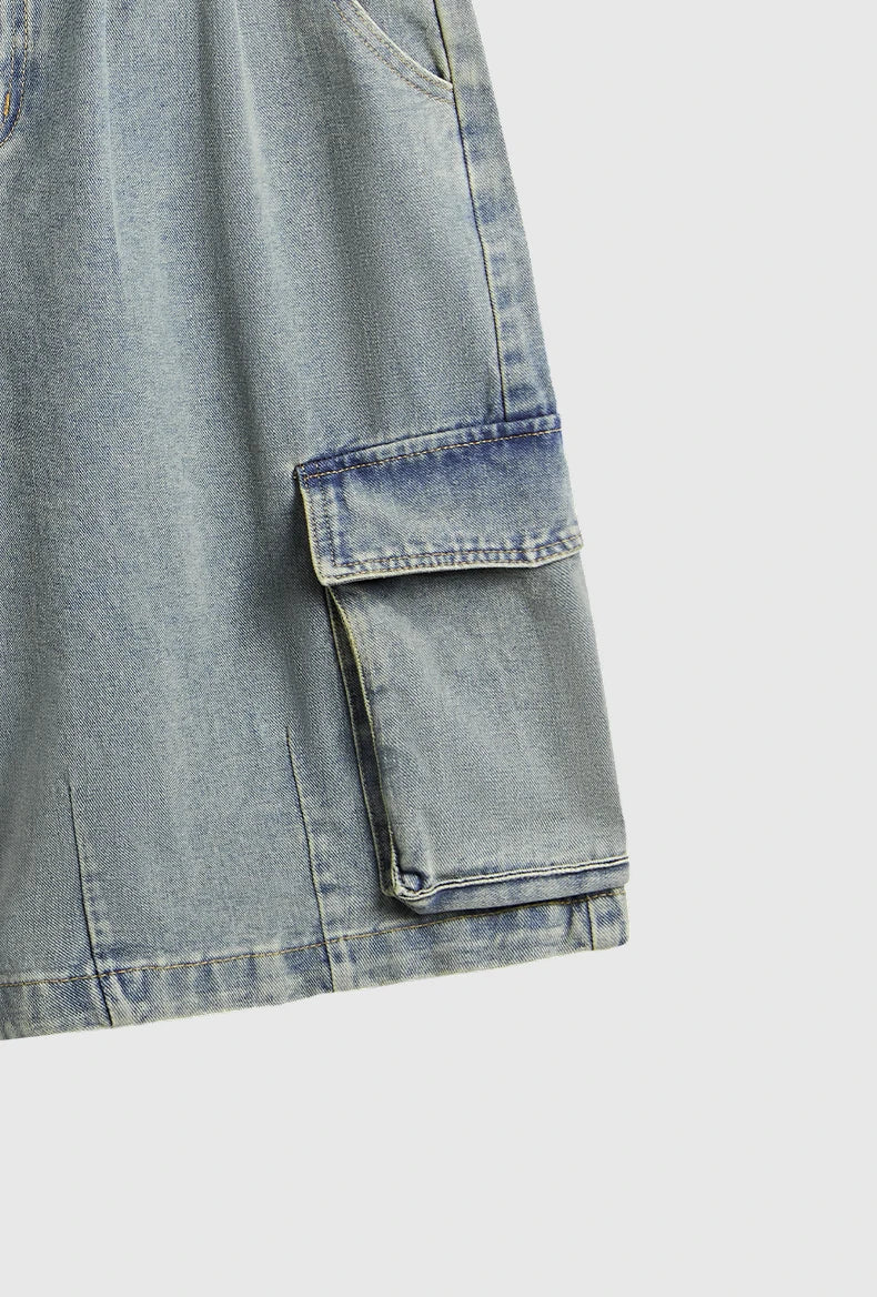 Washed Wide Leg Cargo Jeans Shorts