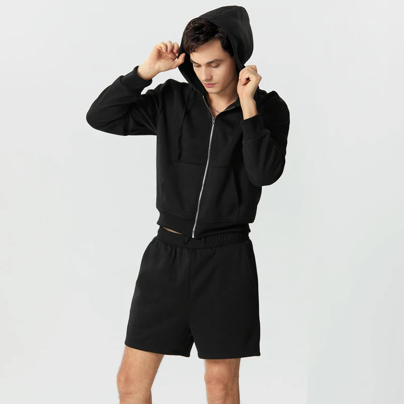 Loose Hooded Zipper Long Sleeve Sweatshirt with Shorts