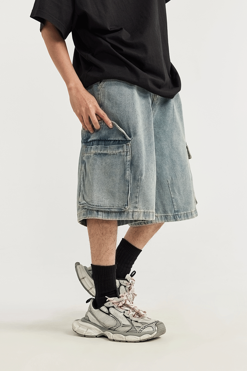 Washed Wide Leg Cargo Jeans Shorts