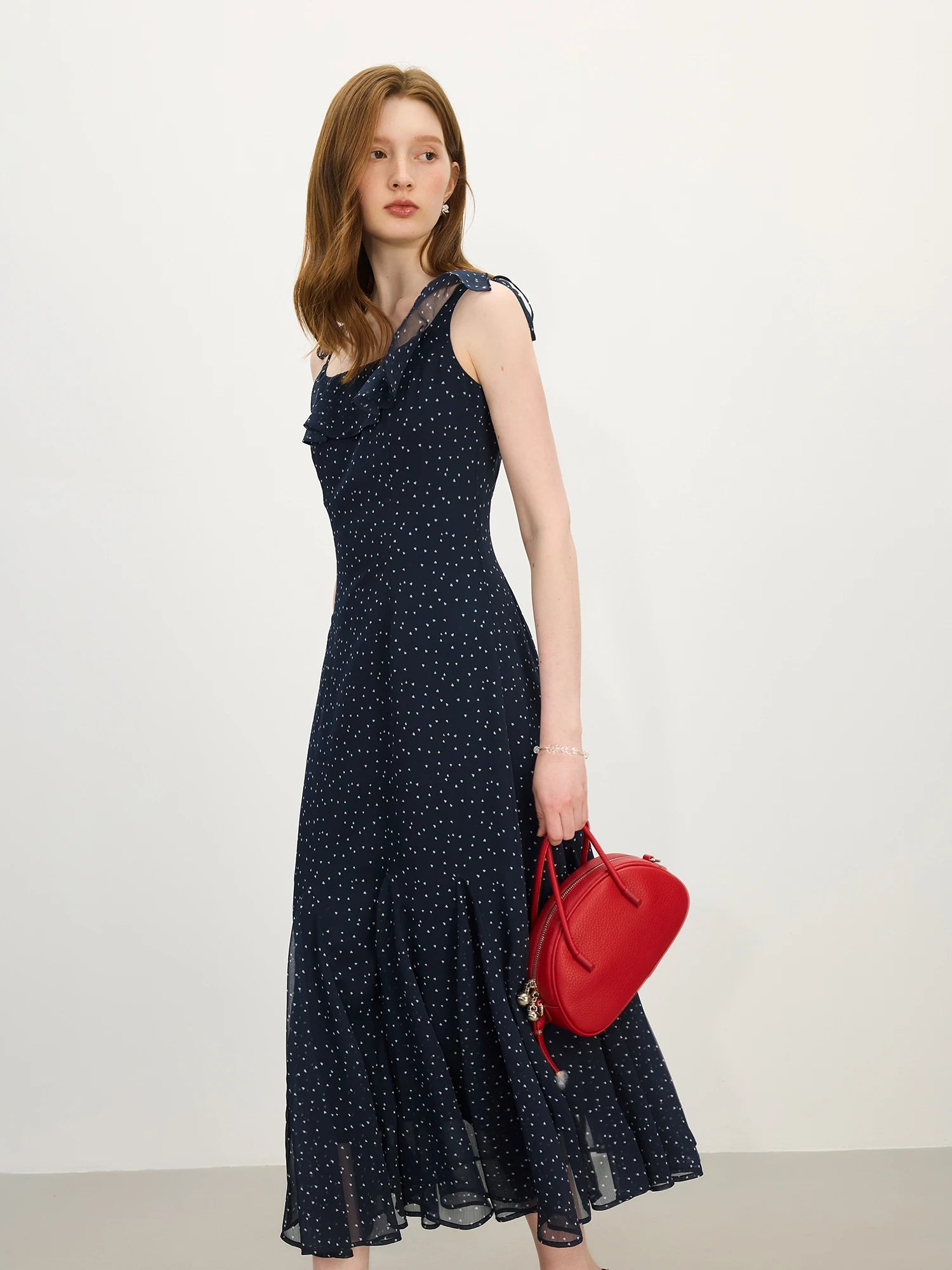 Navy Chiffon Ruffled Strapless Midi Dress