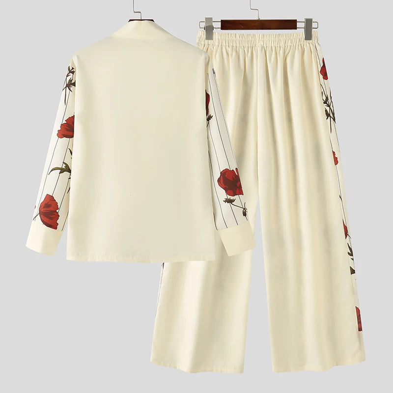 Flower Printing Loose Long Sleeve Shirt & Wide Leg Pants