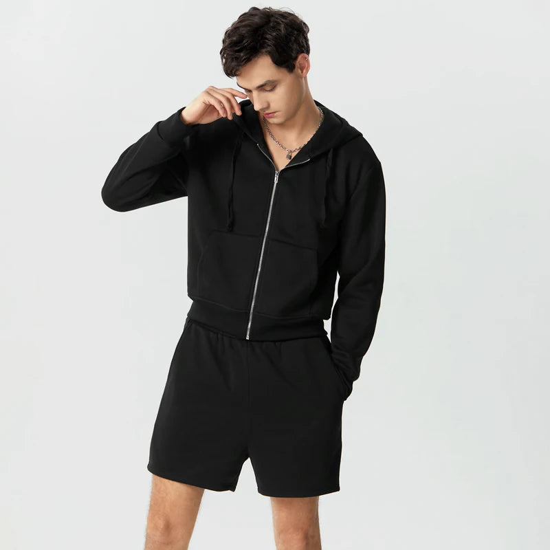 Loose Hooded Zipper Long Sleeve Sweatshirt with Shorts