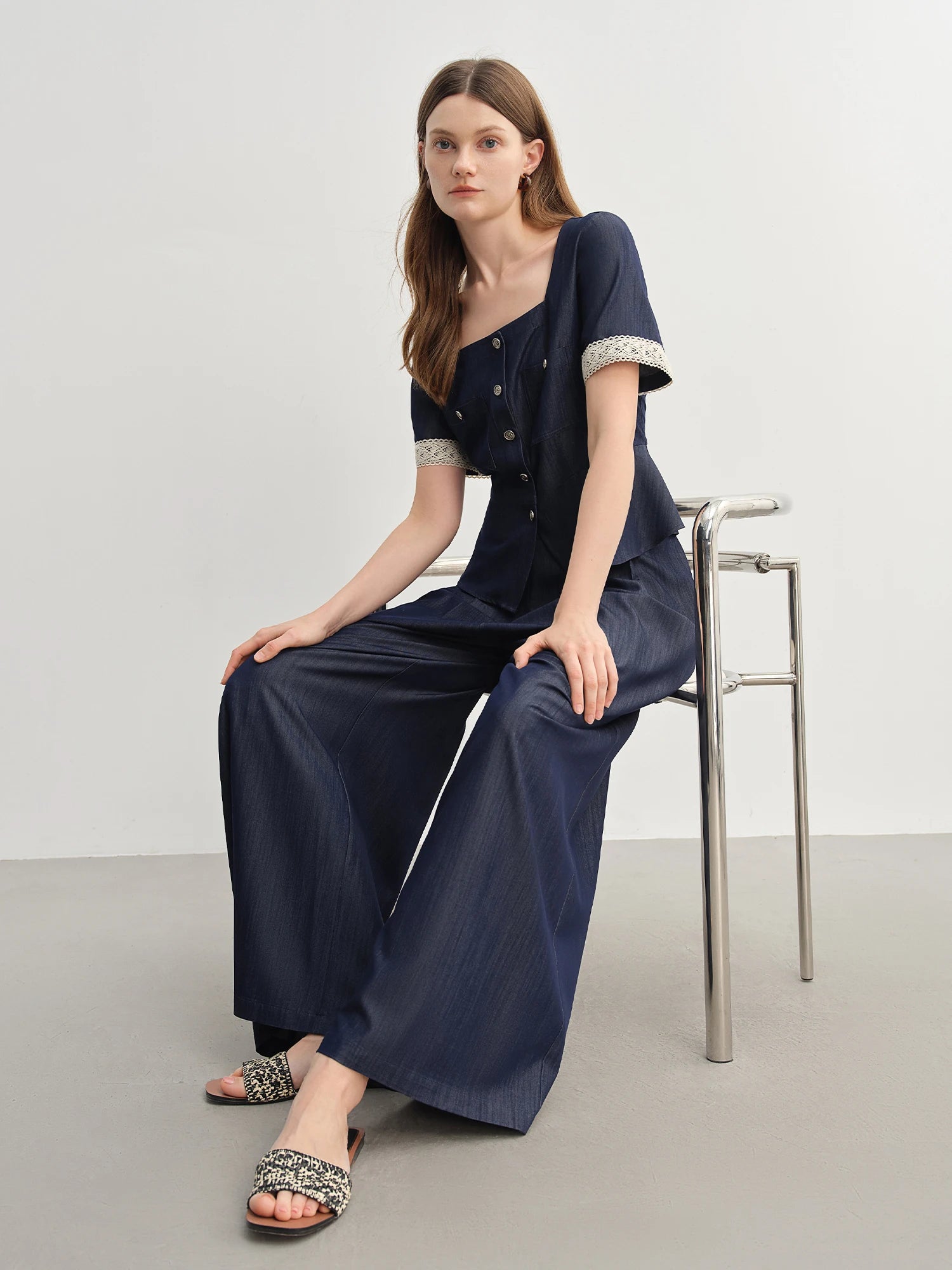 Square Neck Dark Blue Blouse and Relaxed Wide-Leg Trousers Set