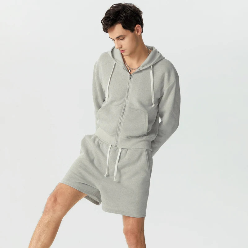 Loose Hooded Zipper Long Sleeve Sweatshirt with Shorts