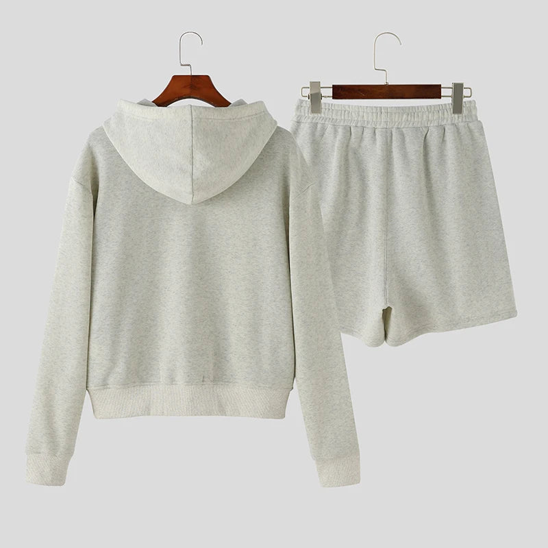 Loose Hooded Zipper Long Sleeve Sweatshirt with Shorts