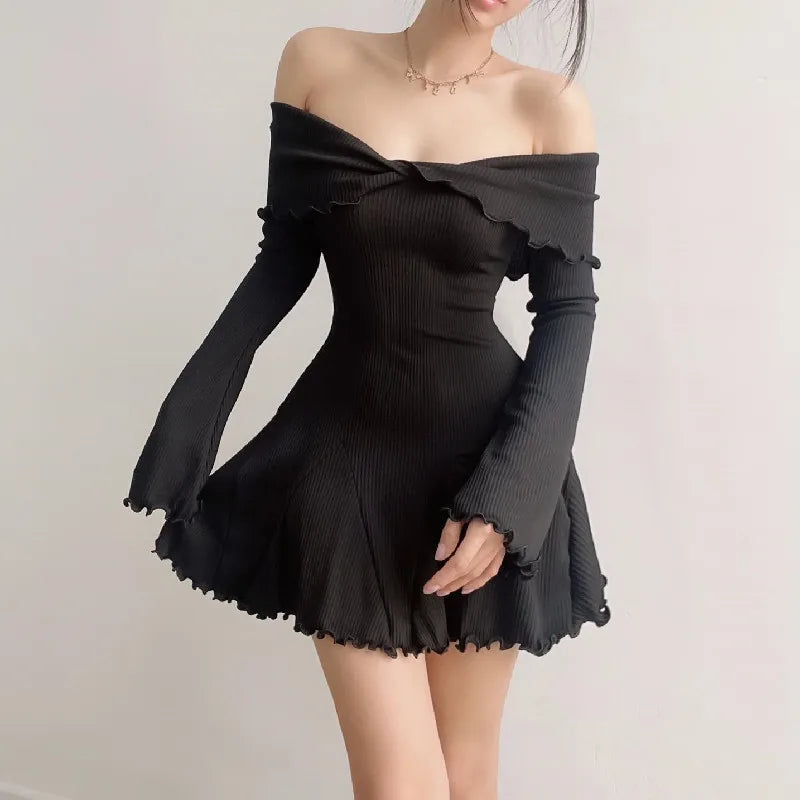 Off shoulder knitted black dress