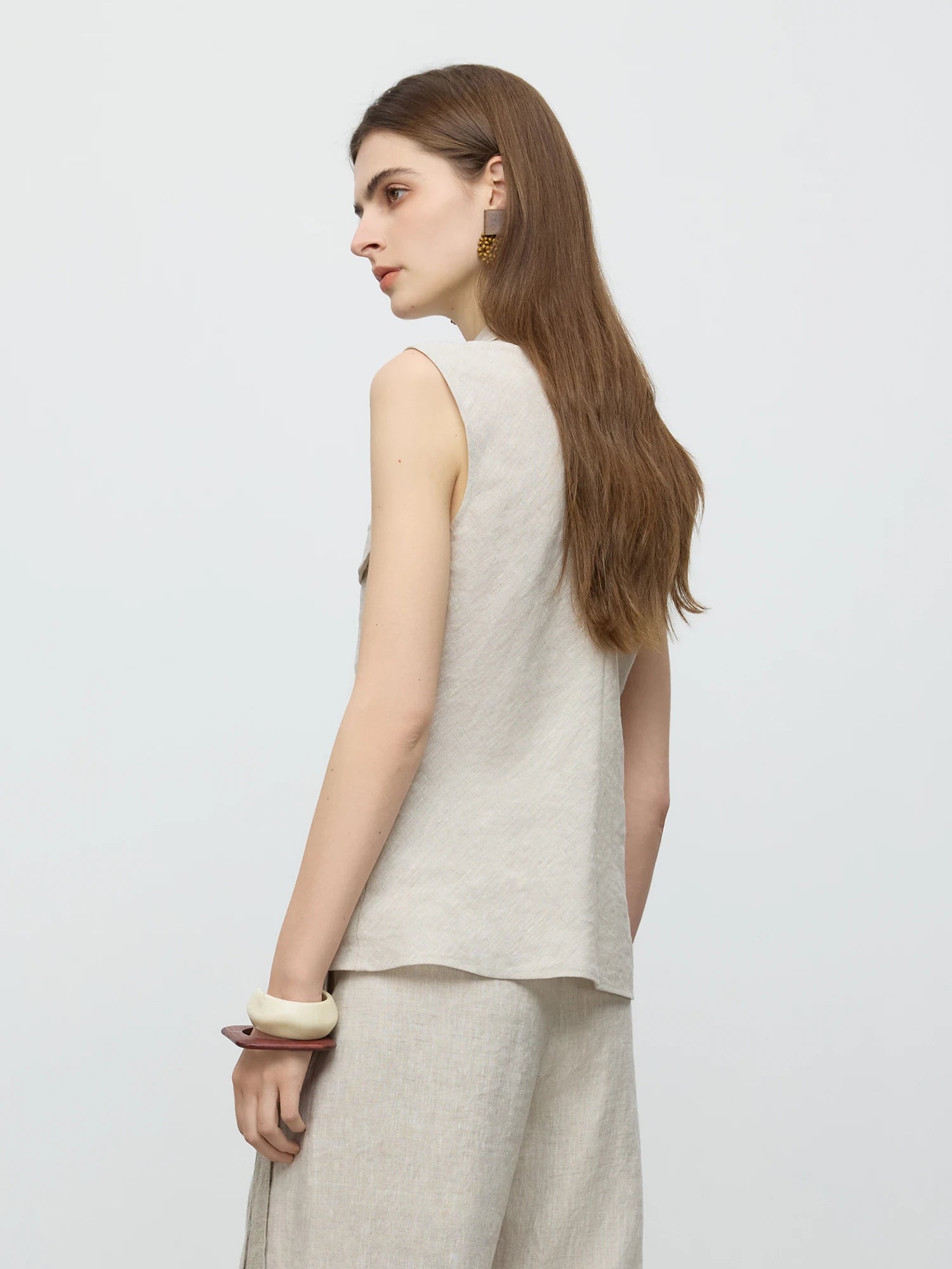 Sleeveless Linen Beige Top and Pants Set