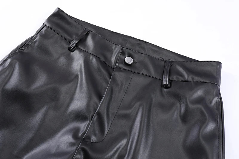 Pleated Pu Leather Loose Black Pants