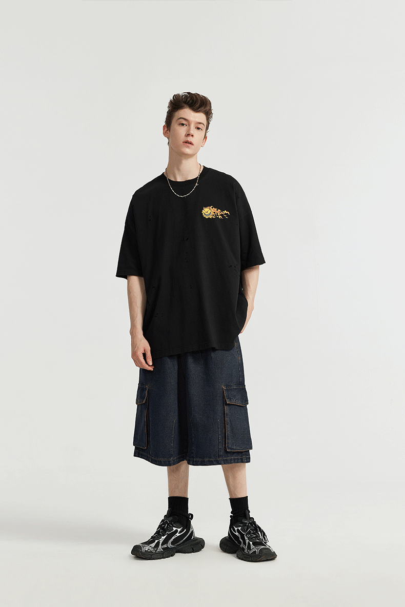 Washed Wide Leg Cargo Jeans Shorts