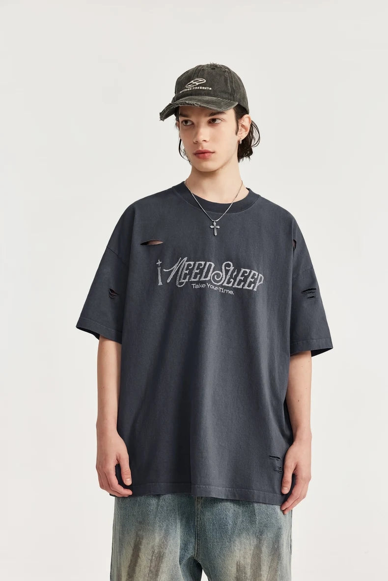 Ripped and Holes Embroidered Oversize T-shirt