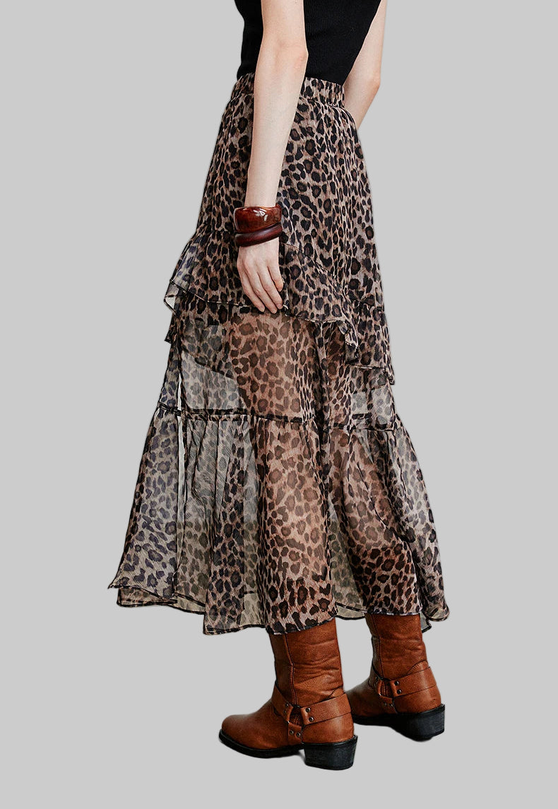 Leopard Printed Open Slit Chiffon Skirt