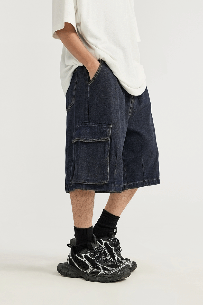 Washed Wide Leg Cargo Jeans Shorts