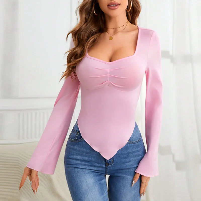 Long Sleeve Sweetheart Neckline Top In Light Pink