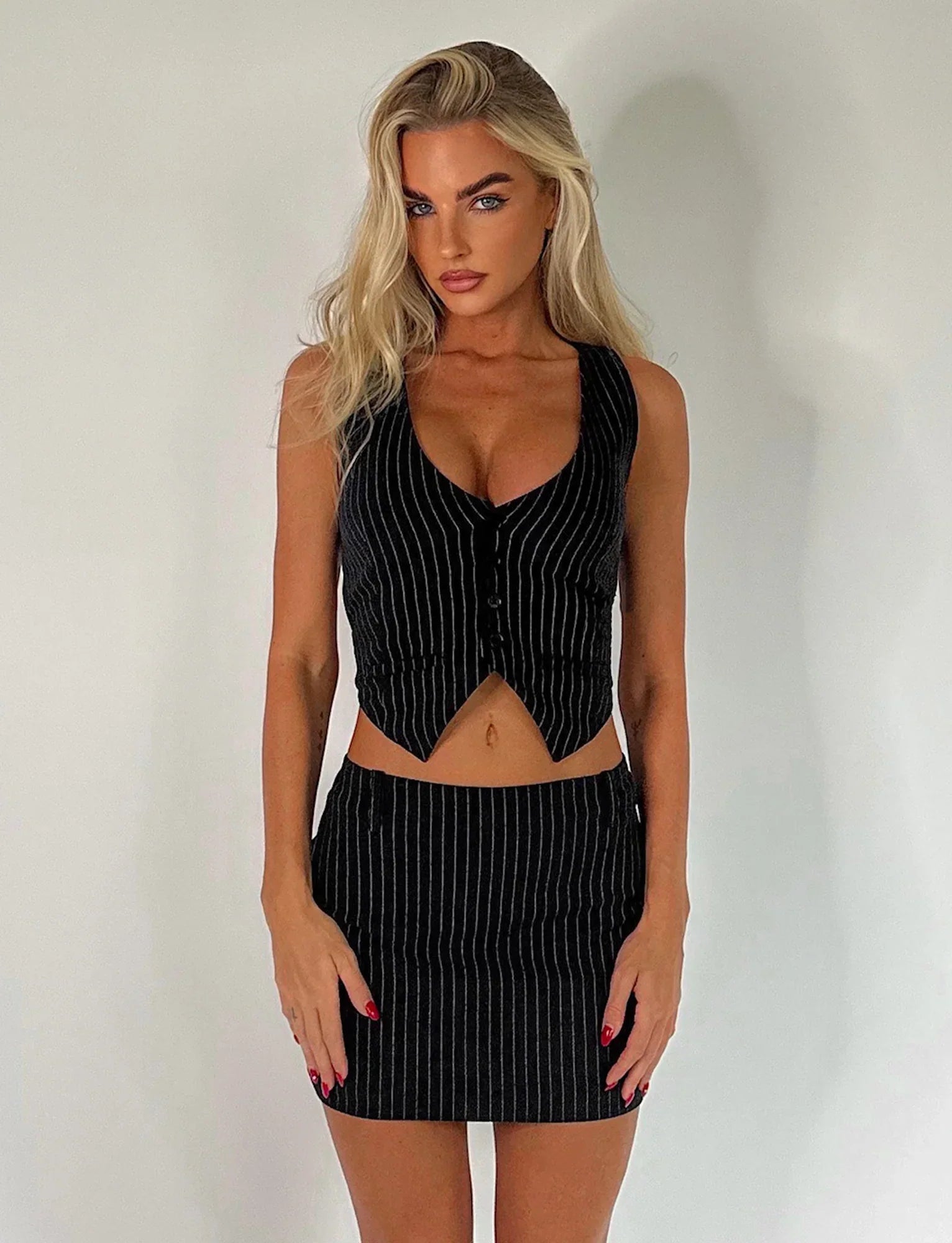 Sexy striped crop vest with skirt