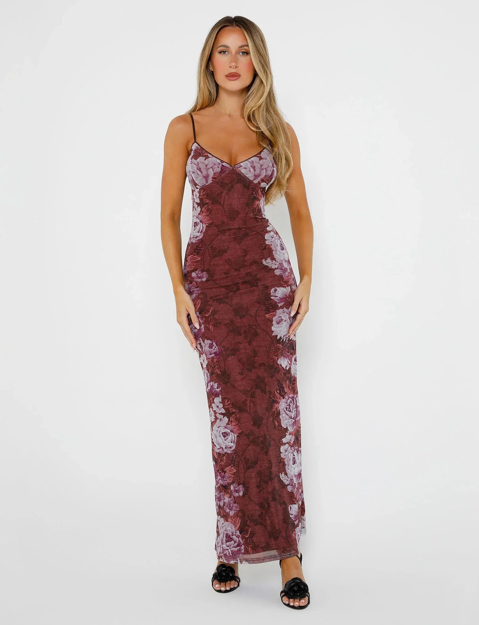 Floral dark red lace dress