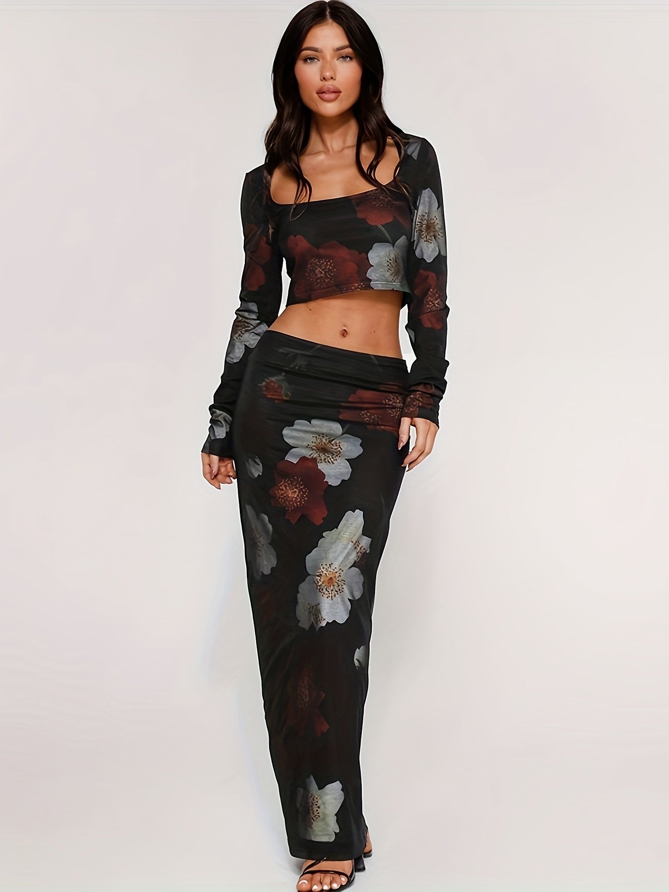 Black floral set with crop top and maxi skirt