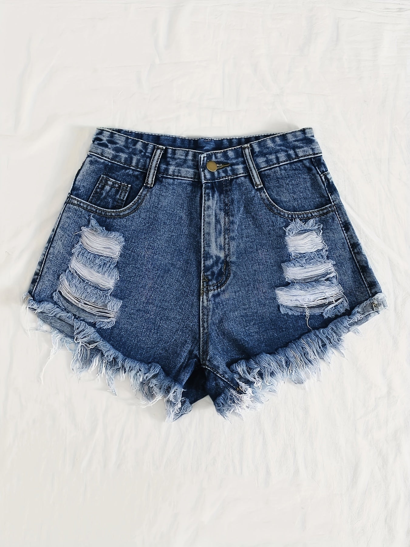 Sky blue denim shorts with frayed hem and tears