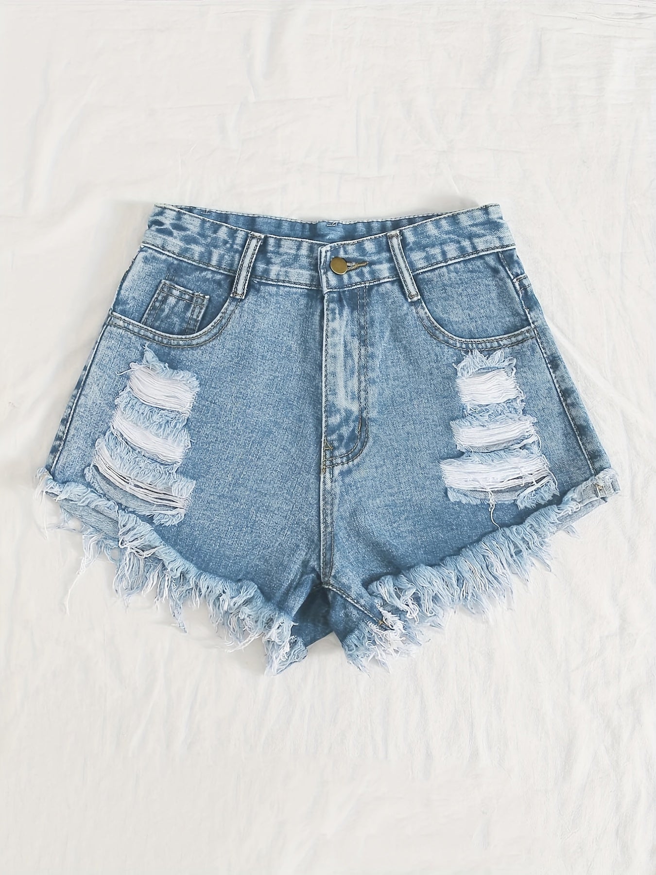 Sky blue denim shorts with frayed hem and tears