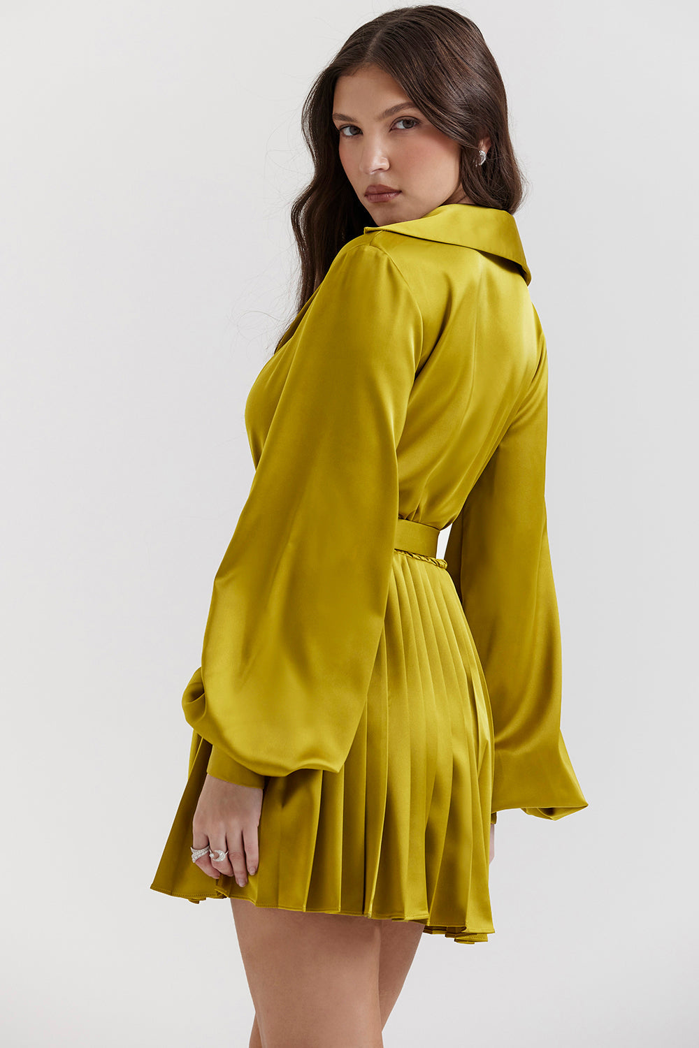 Chartreuse pleated shirt dress