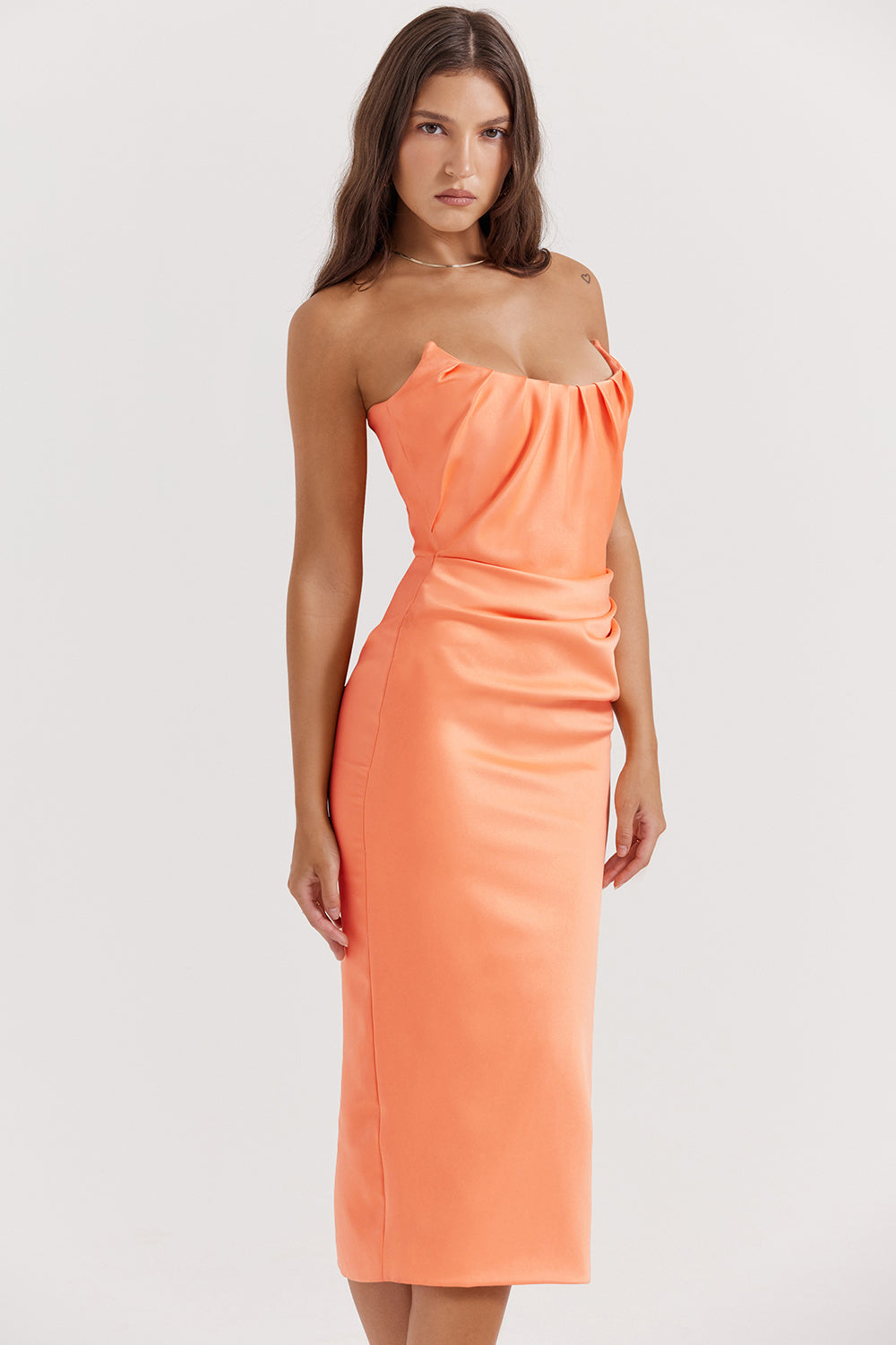 Tangerine strapless corset midi dress